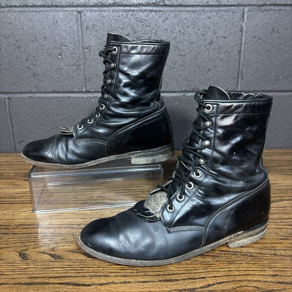 Vintage Justin Kiltie Black Leather Western Roper Boots Men’s 9C USA Made - Picture 2 of 8